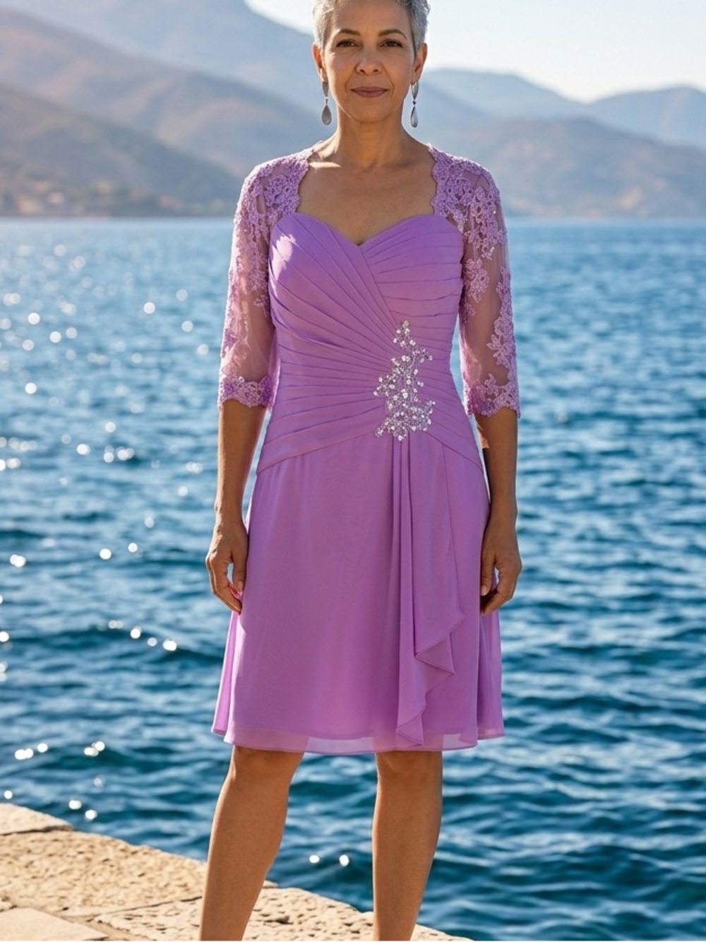 Elegant Rose Pink Chiffon Dress with Tulle Sleeves